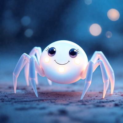 The primary subject of the image is a white, light-up spider with a smiling face. The setting is a dark background, which emphasizes the spider's glowing eyes. The visual style is a digital art or illustration, creating a whimsical and playful atmosphere. The colors are predominantly white and blue, with the spider's eyes being the only other color, adding a sense of warmth and friendliness to the scene.